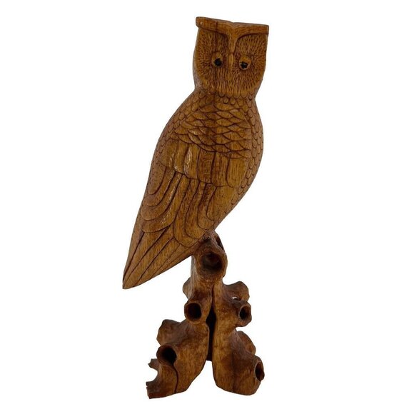 Hand Carved Owl on Stand One Piece Natural 9” Tall Lightweight - Picture 1 of 14
